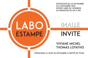 carton d'invitation au vernissage de l'exposition de Viviane Michel au labo estampe